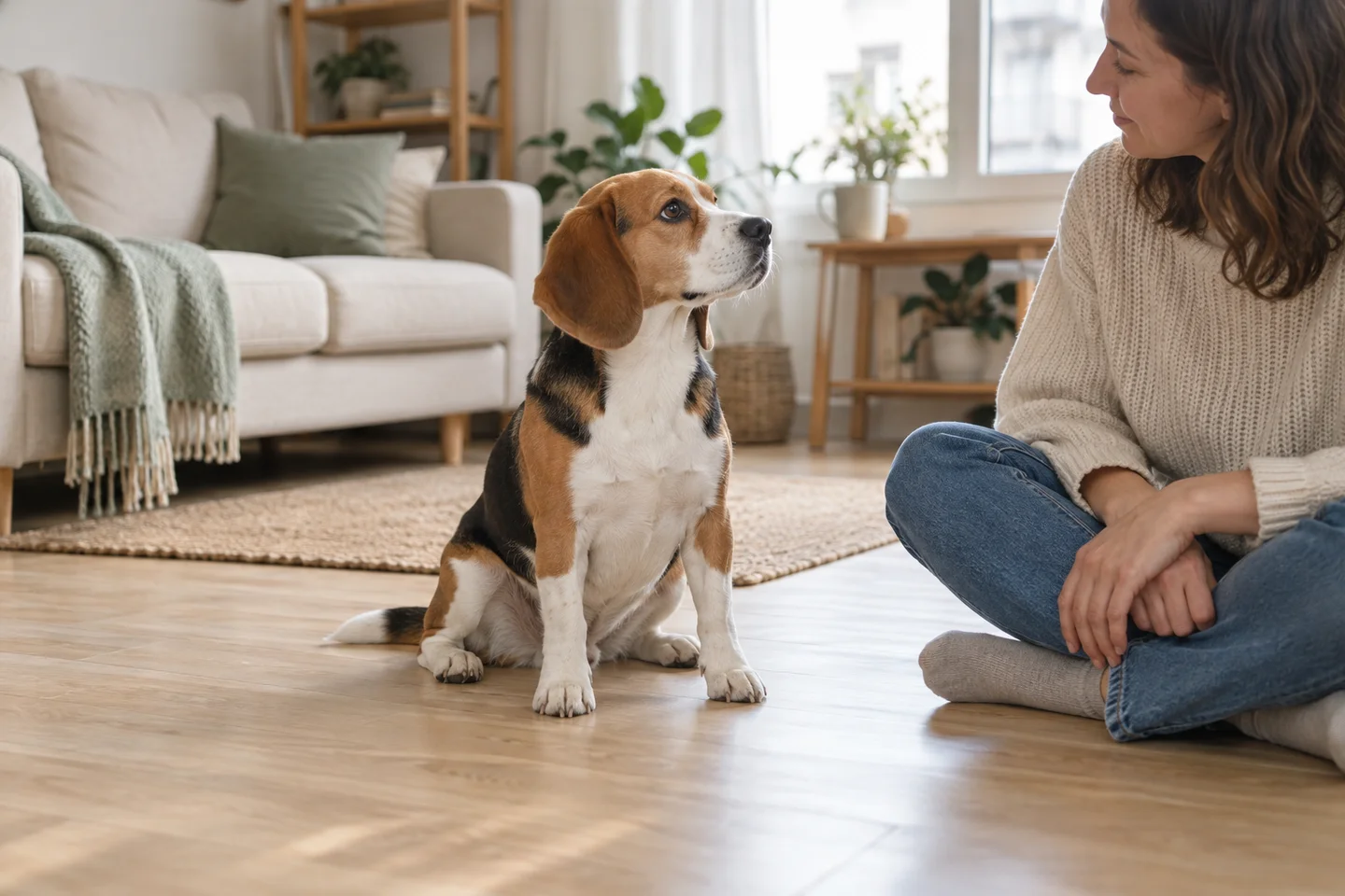 illustrative photographic scene of a dog spending time with its owner at home