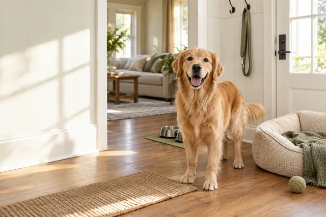 Dog at home with everyday pet supplies
